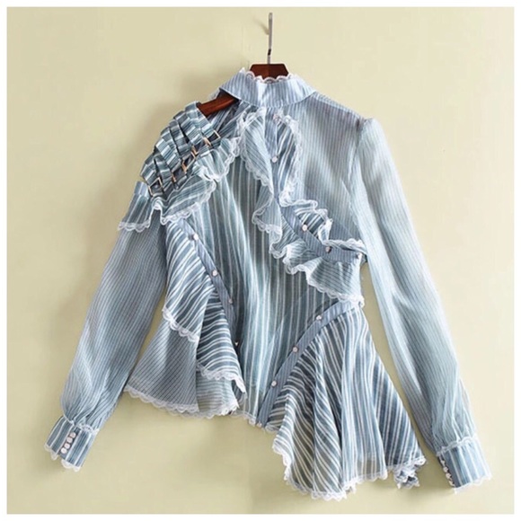 Blue Stripe Sheer Ruffle Runway Top - Picture 4 of 8